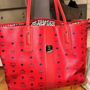 MCM Red Leather Tote Bag
